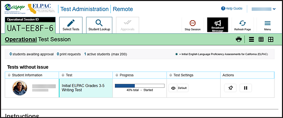 Operational Test Session screen in List View.