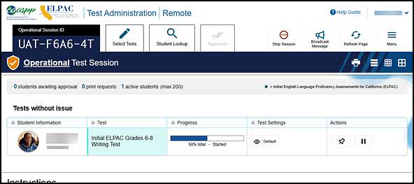 Operational Test Session screen with "Student Information," "Test," "Opp #," "Progress," "Test Settings," and "Actions" columns.