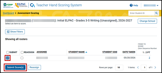 Assessment Scoring screen with the Submit checkbox and Submit Score(s) button indicated.