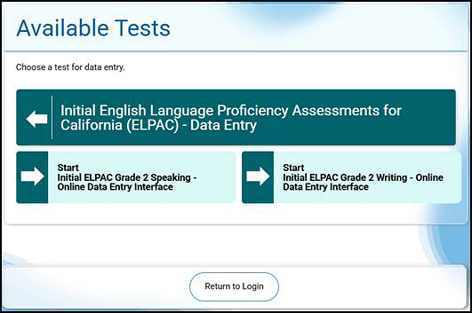 Available Tests screen with the Initial ELPAC test selected for the student's applicable grade level or grade span.