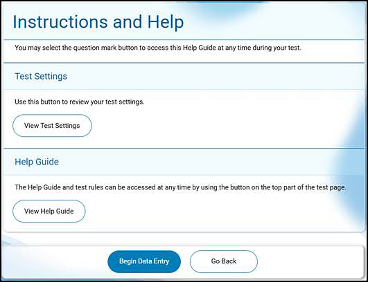 Instructions and Help screen with Begin Data Entry and Go Back buttons.