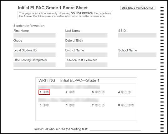 Sample Writing domain student score sheet with item number one indicated.