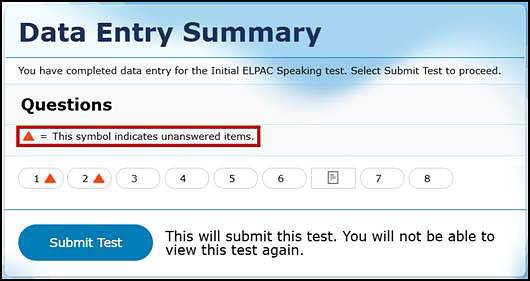 Data Entry Summary screen with the text indicating the triangle symbol equals unanswered items called out.