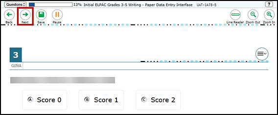 Data Entry Interface screen for paper data entry showing the first item to be scored with the Next button indicated.