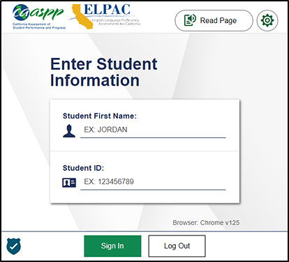 Enter Student Information screen with Student First Name and SSID fields, and Sign In and Log Out buttons.