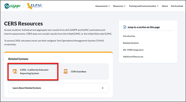 CERS Resources web page with the CERS—California Educator Reporting System button called out.