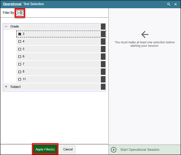 The filter panel, filtered for Grade 3, with the Remove Filter icon and the Apply Filter(s) button indicated.