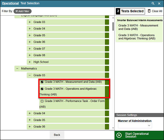 Operational Test Selection screen with multiple assessments selected.