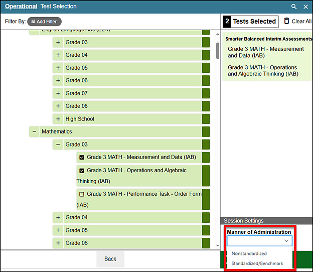 Operational Test Selection screen with the drop-down list called out; options include Nonstandardized and Standardized/Benchmark.