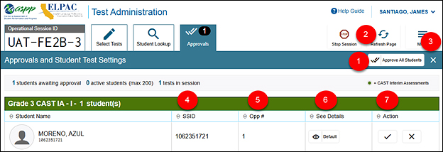 Approvals and Student Test Settings screen, with Approve All Students button, Refresh button, Done button, SSID, Opportunity Number, See Details, and Action called out; these are listed in table 1.