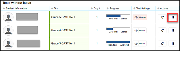 Operational Test Session table with the Pause Test button called out.