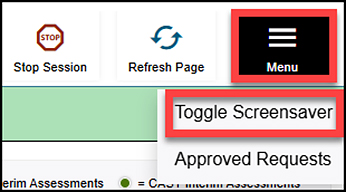 Menu button with Menu indicated, with Toggle Screensaver option indicated and Approved Requests option not indicated.