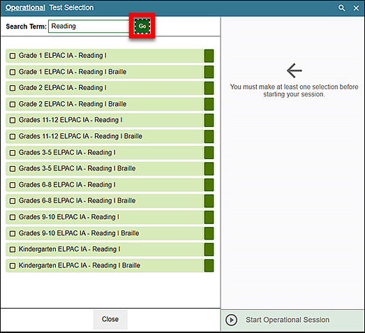 Sample search for Reading assessments, with the Go button indicated.