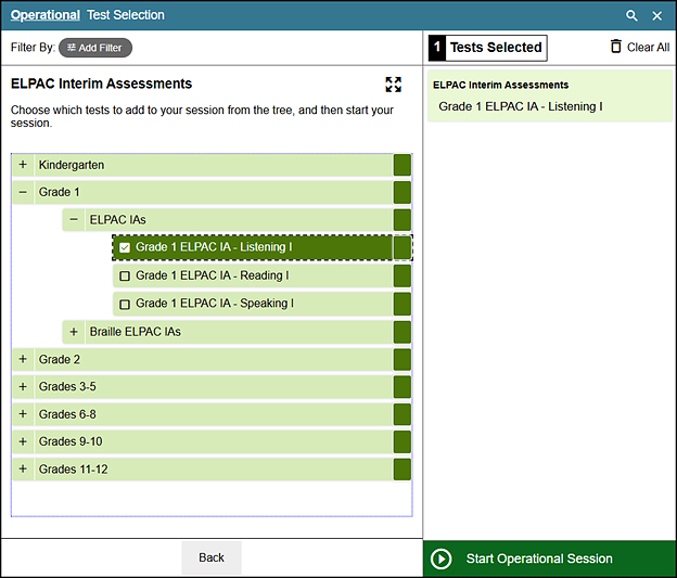 Select grade level or grade span and content area screen.