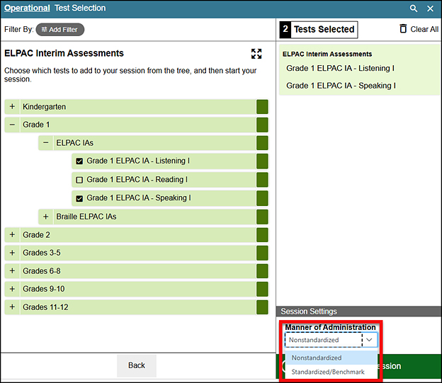 Operational Test Selection screen with the drop-down list called out; options include Nonstandardized and Standardized/Benchmark.