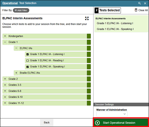 Operational Test Selection screen with the Start Operational Session button called out.