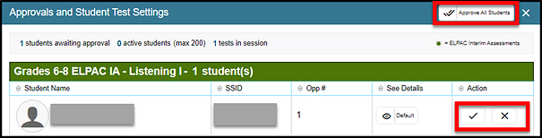 Approvals and Student Test Settings screen.