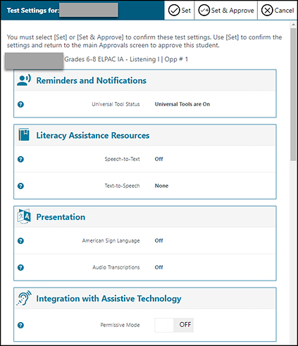 Test Settings screen for a sample student.