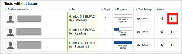 Tests without issue table with the Pause Test button called out.