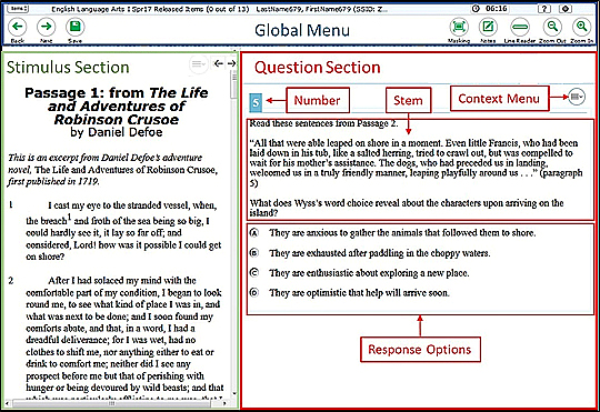 A sample item page, with the following features called out: global menu, stimulus section, question section; the question section includes the item number, stem, context menu, and response options.