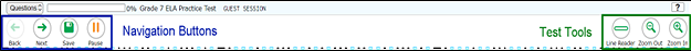 Sample global menu with the navigation buttons (Back, Next, Save, and Pause) and the test tools (Line Reader, Zoom Out, and Zoom In).