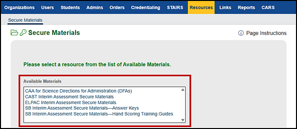 Secure Materials screen with the list of available materials indicated.