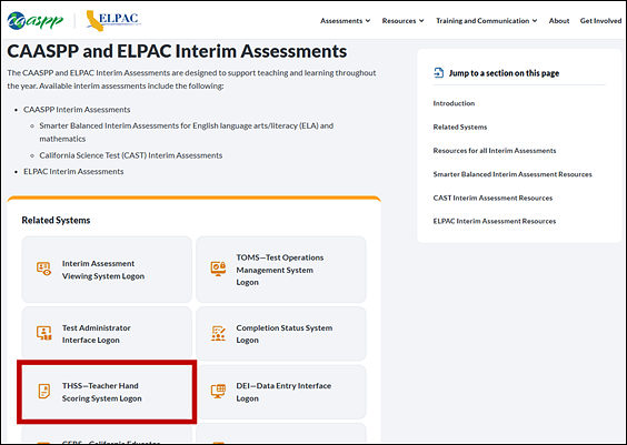 CAASPP & ELPAC Website with the Teacher Hand Scoring System Logon button indicated.