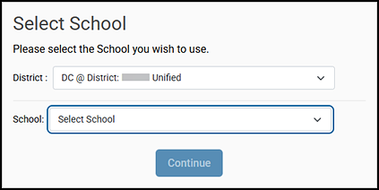 Select School screen for coordinators with drop-down lists for District and School.