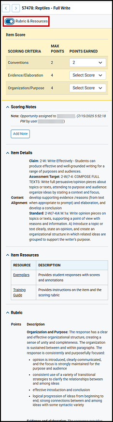Rubrics and Resources section of the Item Scoring screen with the toggle indicated.