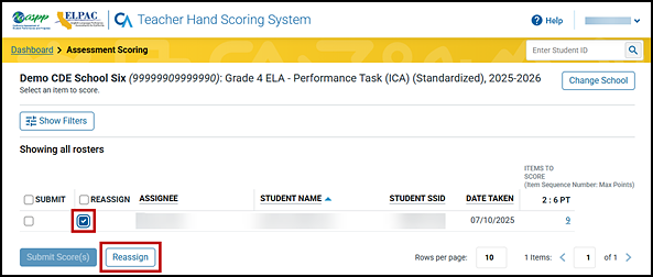 Assessment Scoring screen with the Reassign checkbox and Reassign button indicated.