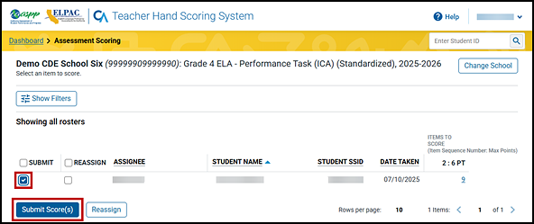 Assessment Scoring screen with the Submit checkbox and Submit Score(s) button indicated.