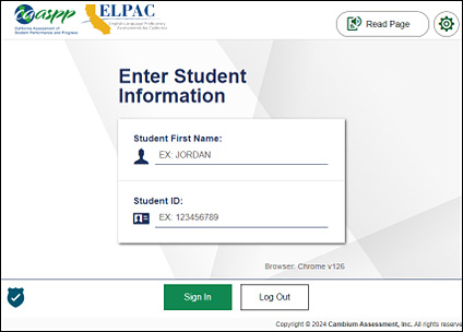 Enter Student Information screen with Student First Name and SSID fields, and Sign In and Log Out buttons.