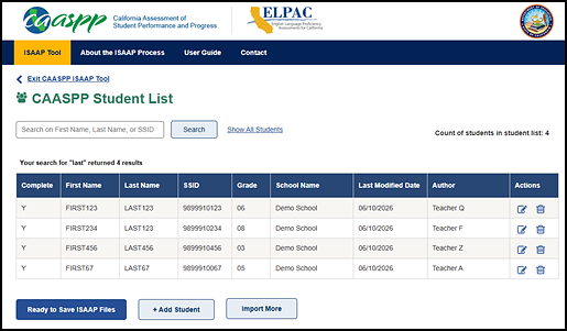 Student results on the Student List screen after selecting the Search button on the Student List screen.