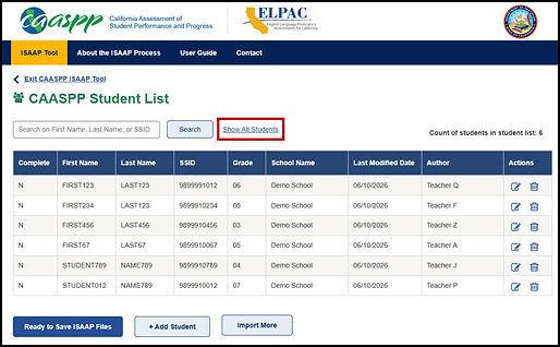 Student count on the Student List screen with the Show All Students link indicated.