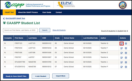 Student List screen with the Edit Student icon indicated in the table's Actions column.