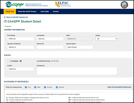 Student Detail screen.