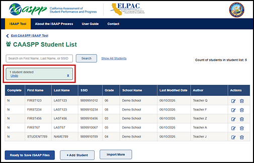 Message on the Student List screen in a green box that reads, "1 student deleted," with an Undo link.