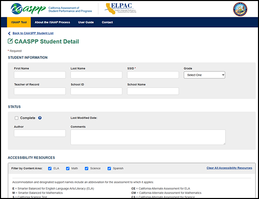 Student Detail screen with blank fields for adding student information.