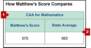 The section on an SSR with the score comparison table and callouts pointing to the content area and comparison section.