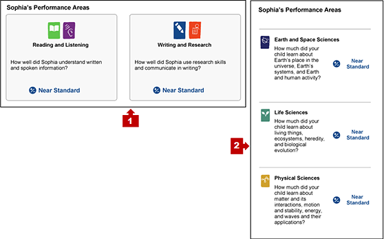 Performance areas sections from the Smarter Balanced for ELA and CAST pages of an SSR with numbered arrows indicating each.