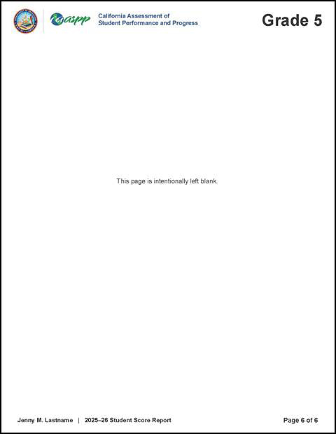 Sample grade five CAASPP Smarter Balanced and CAST SSR, page 6, which says "This page is intentionally left blank."
