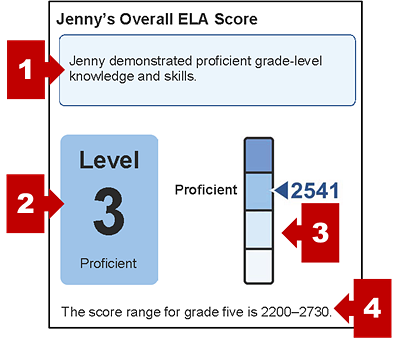 The section on an SSR with the student's overall content-area score and callouts indicating the tested standard performance statement, achievement level, a measurement gauge, and statement of score ranges.