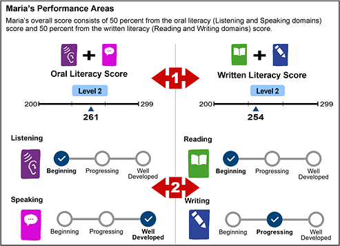 Performance Areas section of an SSR with callouts indicating composite scores and domain scores for a high school assessment.