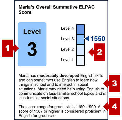 The section on an SSR with the student's overall score and callouts indicating the performance level, a measurement gauge, a performance summary, and statement of score ranges.