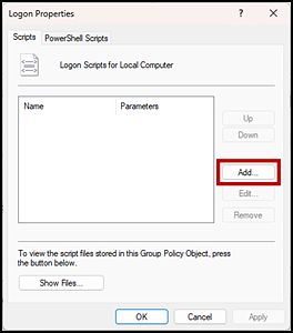 Logon Properties dialog box with the Add... button indicated.