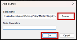 Add a Script dialog box with the Browse... and OK buttons indicated.
