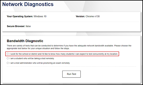 Network Diagnostics screen with the "I work for the school or district" radio button indicated.