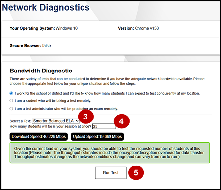 Bandwidth Diagnostic section of the Network Diagnostics screen with callouts indicating the test drop-down list, number of students, and Run Test button.