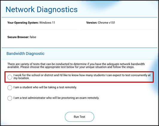 Network Diagnostics screen with the "I work for the school or district" radio button indicated.