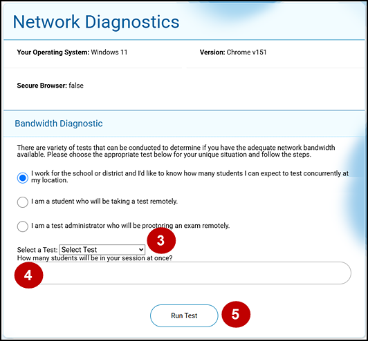 Bandwidth Diagnostic section of the Network Diagnostics screen with callouts indicating the test drop-down list, number of students, and Run Test button.